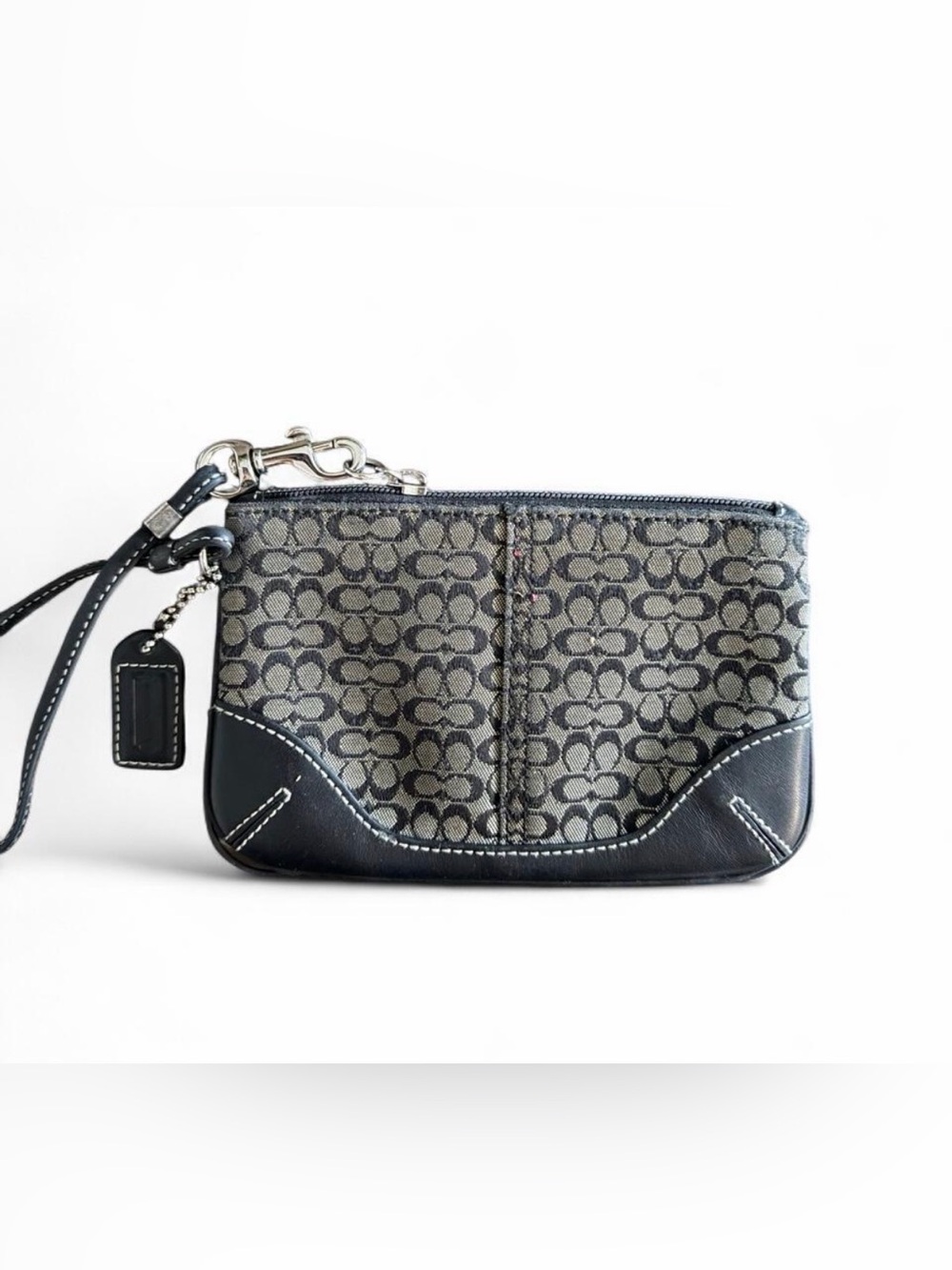 Coach Gray Signature Canvas Wristlet with Black Leather Trim